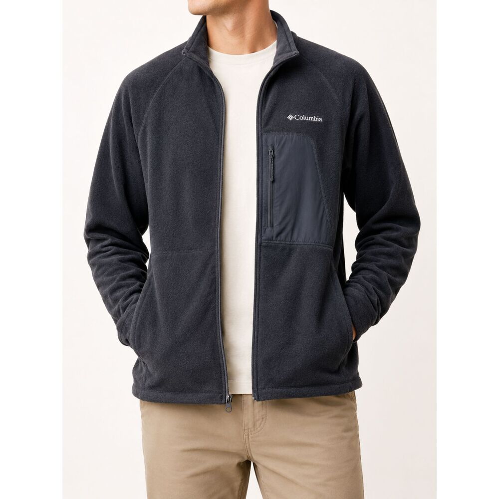 Columbia Full Zip Fleece Jacket Men's Large Black Outdoor Hiking Trail Core